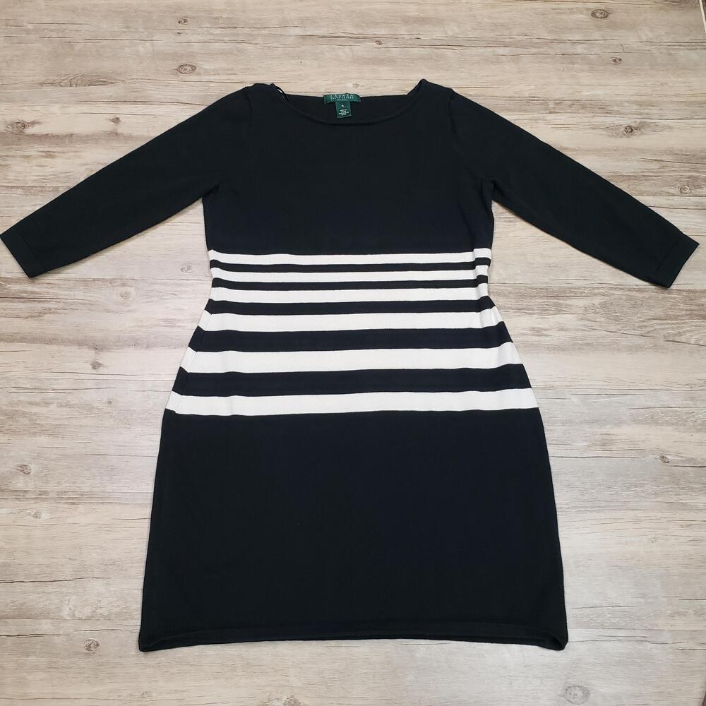 Lauren Ralph Lauren Sweater Dress Womens PL Black Striped 3/4 Sleeve Boat Neck